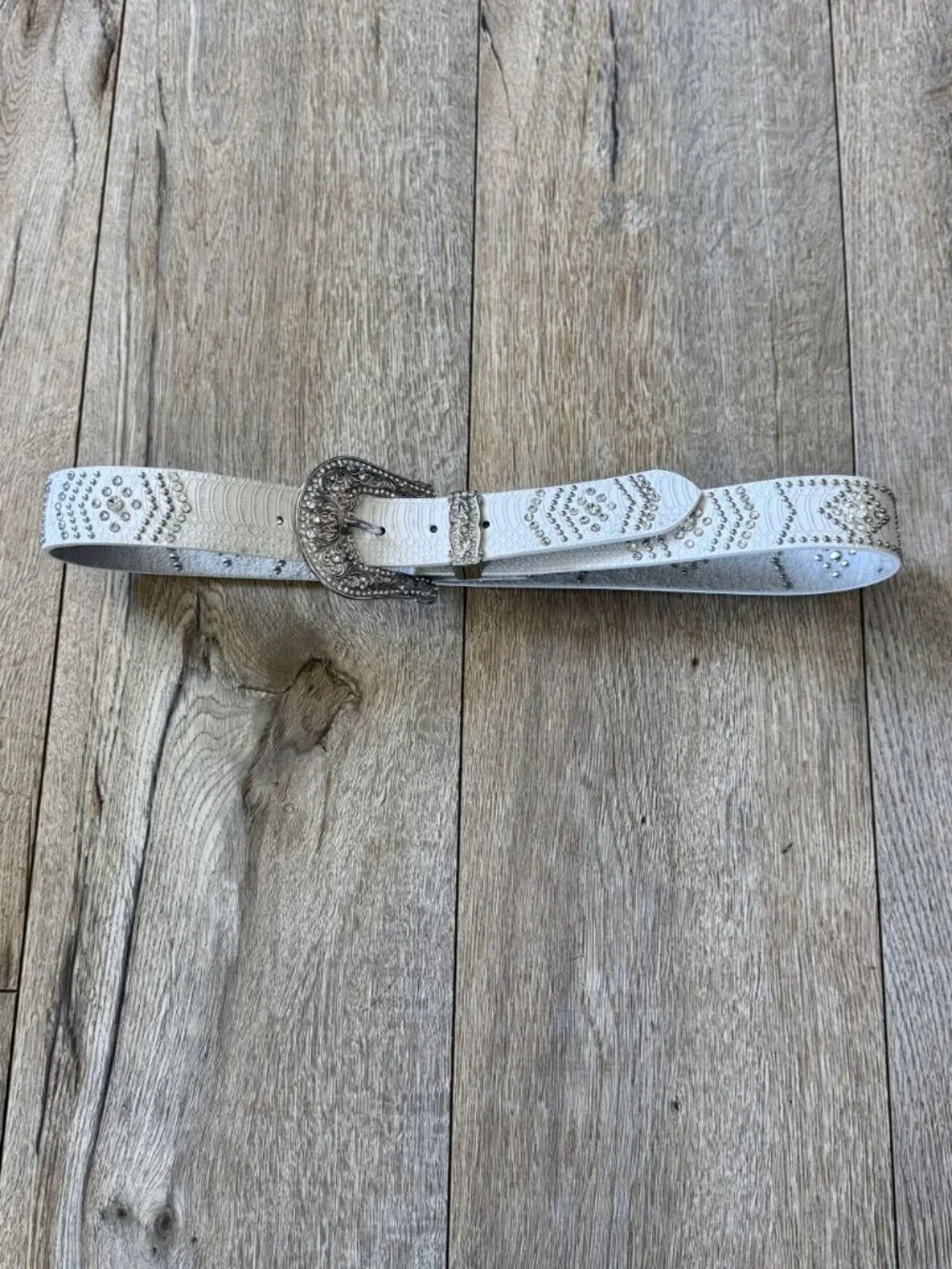Y2K Genuine Leather White Snake Embossed Rhinestone Silver Studs Buckle Medium